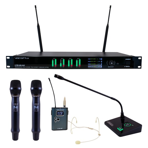QUAD TRUE-DIVERSITY PROFESSIONAL DIGITAL WIRELESS PLL MICROPHONE SYSTEM WITH TWO HANDHELD, ONE BODYP